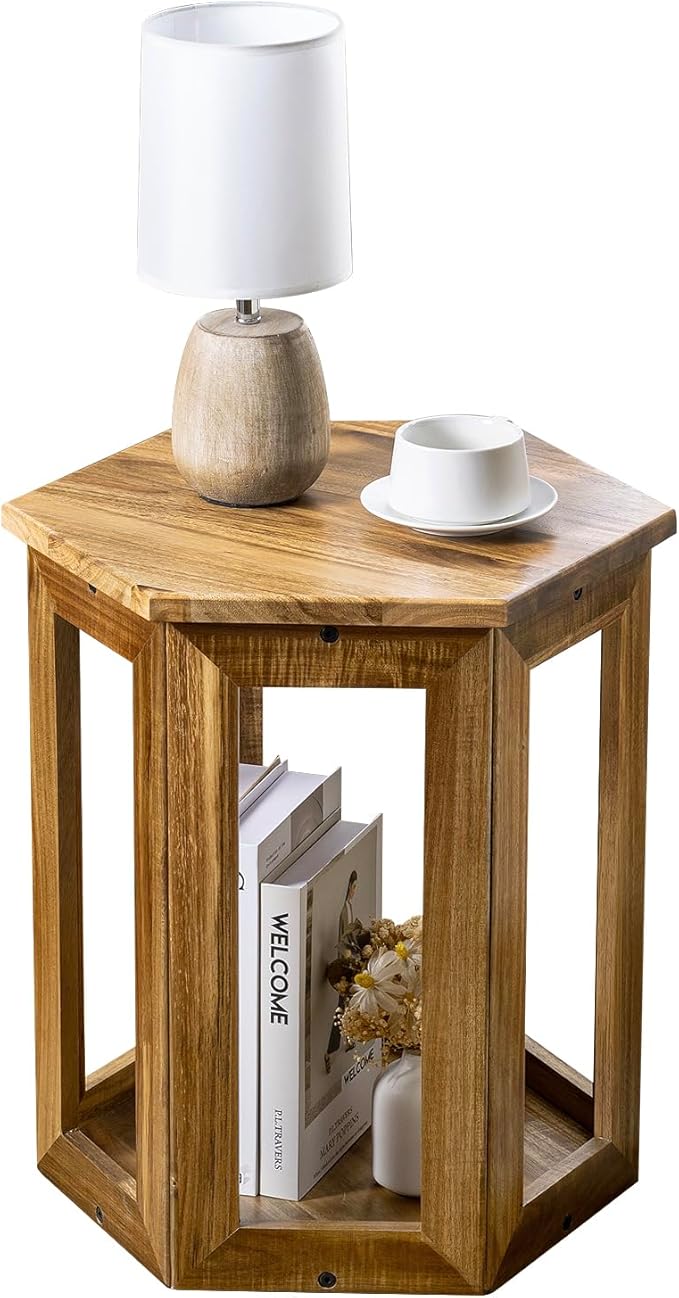 MyGift Premium Acacia Solid Wood Hexagon Designer End Table, 20 Inch Tall Wooden Living Room Sofa Side Table, Hexagonal Tabletop Plant Stand Home Furniture