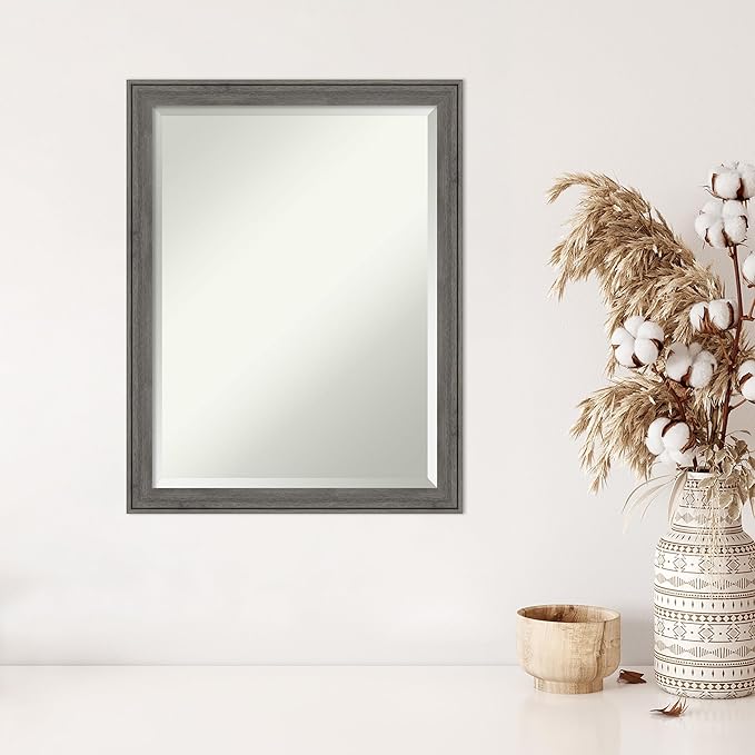 Amanti Art Grey Wall Mirror 27x21 Regis Barnwood Grey Narrow Rectangle Bathroom Mirror for Wall Decor Living Room, Medium Country Rustic Wood Frame, Hangs Horizonally and Vertically, Bathroom Decor,