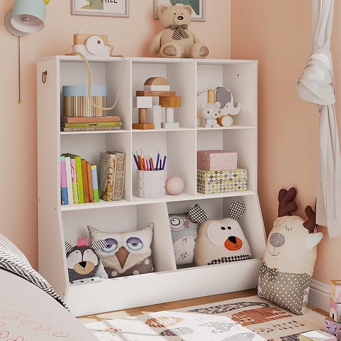 HOOBRO Kids Bookshelf, Toy Storage Organzier with 8 Cubicles, Bookcase Footboard, Bookshelf for Kids, for Playroom, Nursery, Bedroom, and School, White WT35CW01G1