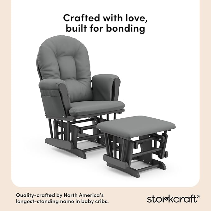 Storkcraft Premium Hoop Glider & Ottoman (Gray/Gray) — GREENGUARD Gold Certified Nursery Glider, Solid Wood Craftsmanship, Smooth-Gliding Nursery Chair and Ottoman, Award-Winning
