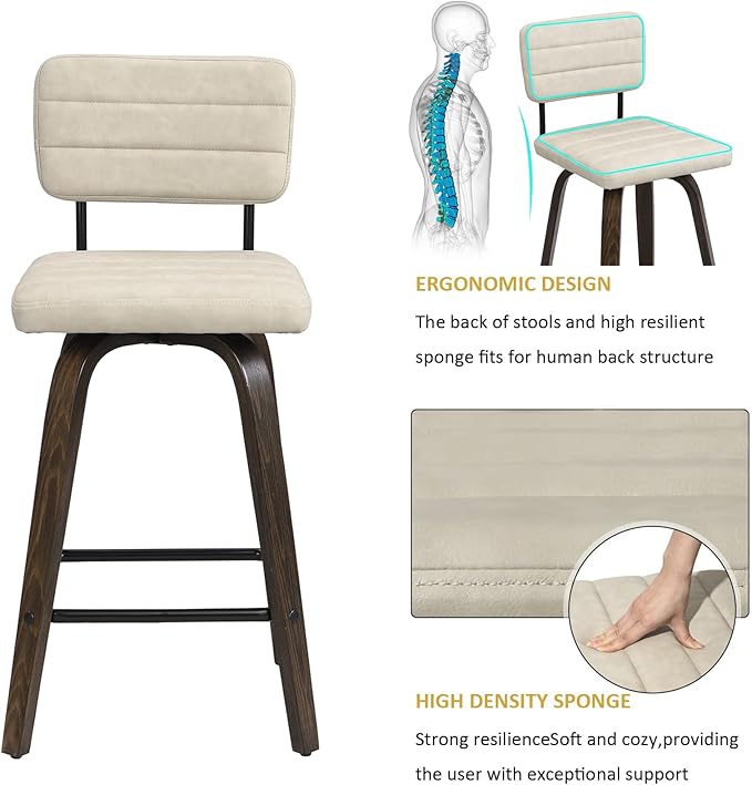 Swivel Bar Stools Set of 2, Counter Height, Wooden Frame, PU Leather Cushions, Beige