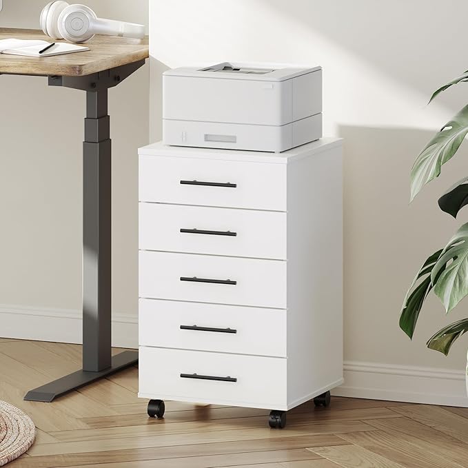 HOOBRO 5-Drawer File Cabinet, Office Filing Cabinet with Drawers, Wooden Mobile Storage Cabinet with Wheels, for Makeup, Home Office, Easy Assembly, White WT05WJ01G1