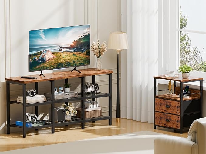 Furologee TV Stand, Small Media Console Table with 3-Tier Storage Shelves, Industrial Entertainment Center for TVs up to 50 Inch, Television Stands for Living Room, Bedroom, Rustic Brown