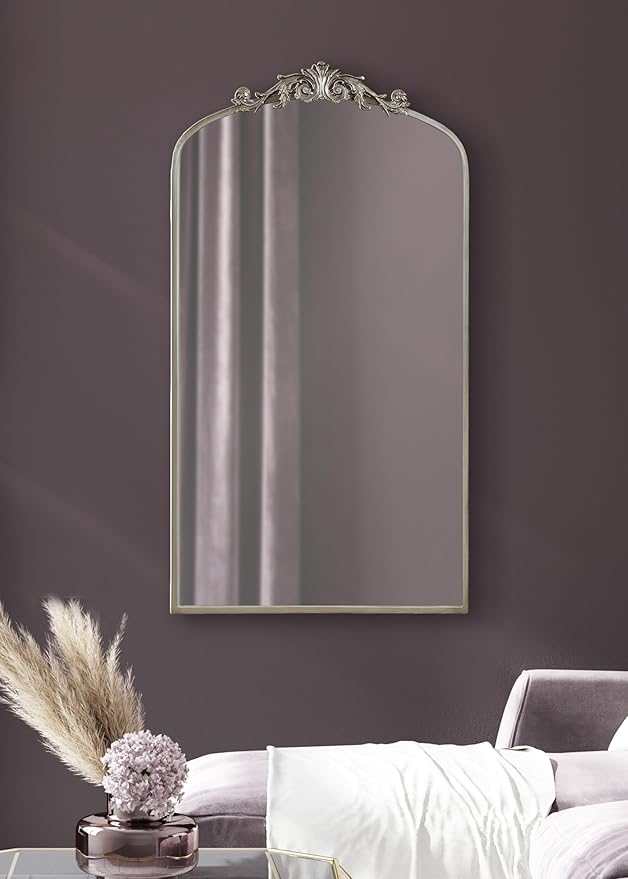 Kate and Laurel Arendahl Glam Arched Tall Panel Mirror; 24 x 42; Silver; Traditional Baroque Large Body Wall Mirror with Ornate Garland Inspired Crown