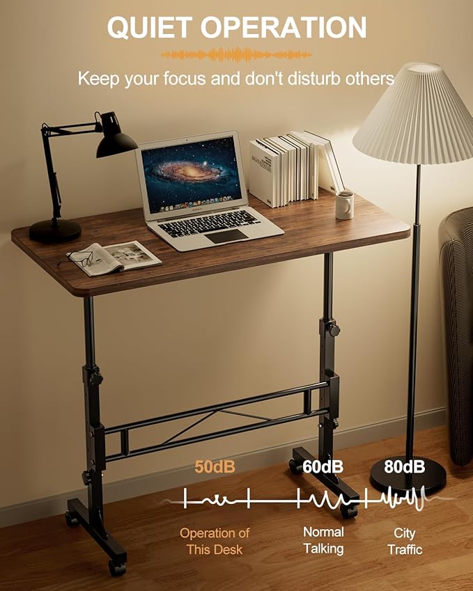 Small Standing Desk Adjustable Height, Mobile Stand Up Desk with Wheels, 32 Inch Portable Rolling Desks for Walking Pad Treadmill Wood Rustic