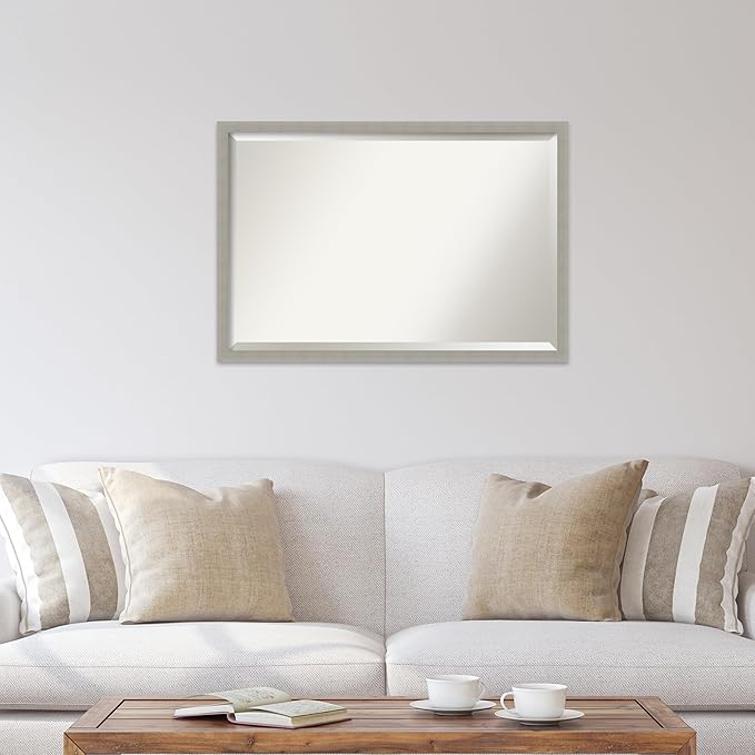 Amanti Art Grey Wall Mirror 26x38 Woodgrain Stripe Grey Rectangle Bathroom Mirror for Wall Decor Living Room, Large Casual Wood Frame, Hangs Horizonally and Vertically, Bathroom Decor, Beveled Edge