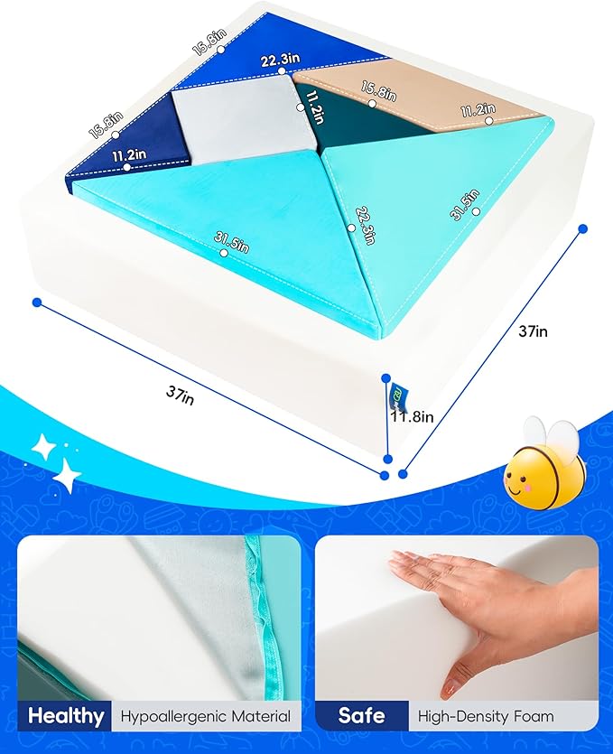 Kids Play Sofa, Tangram Square Puzzles Couch Furniture, Modular Kids Play Couchs Furniture, Puzzle Solving Couch Building Fort for Playroom Bedroom Boys Girls Teens, Ocean