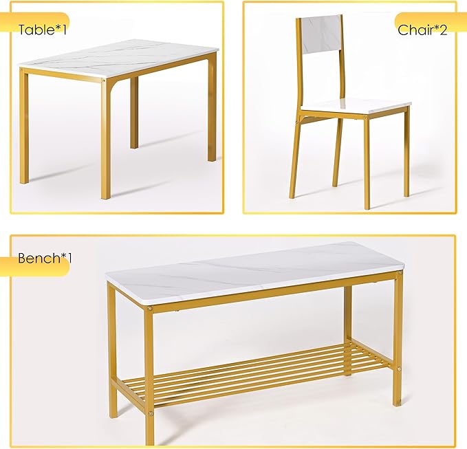 soges 4-Piece Dining Table Set with Bench - 4 Person Kitchen Table and 2 Chairs for Small Spaces, Apartment - Metal Frame & Woodgrain Tabletop, Space-Saving Design, Durable & Easy to Clean, Gold