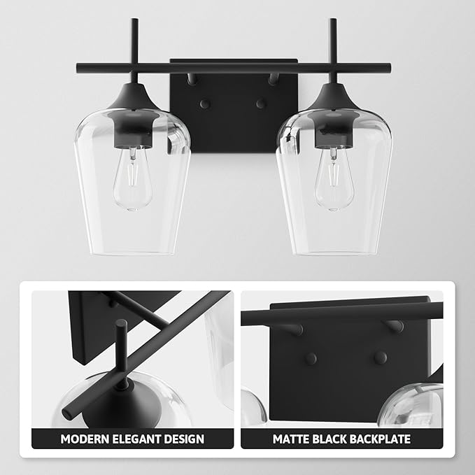 VONLUCE Bathroom Vanity Light, 2 Light Bathroom Light Fixture Over Mirror, Bathroom Wall Lamp with Clear Glass, Modern Black Vanity Lighting fixtures for Bathroom, Bedroom, Hallway