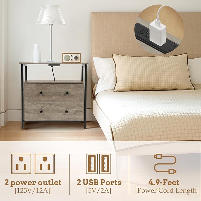27 inch Wide Nightstand with Charging Station, Bedside Table with Open Shelf, 2 Drawers Small Wood Dresser, End Side Table for Bedroom (2 Pack,Rustic Gray)