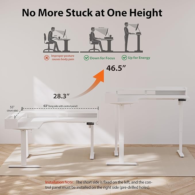Agilestic L Shaped Standing Desk, Corner Desk with Monitor Shelf, Adjustable Height Gaming Table, Sit Stand Up Table, 63 x 55 Inch Home Office Computer Workstation, Splice Board, White