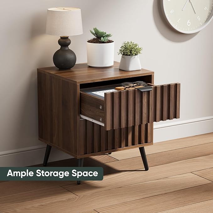 Nightstands, Walnut Fluted Night Stand, Mid Century Modern Nightstand, Bedside Table with Seamless Slatted Drawer, End Tables Bedroom with Metal Legs, Night Stand for Bedroom