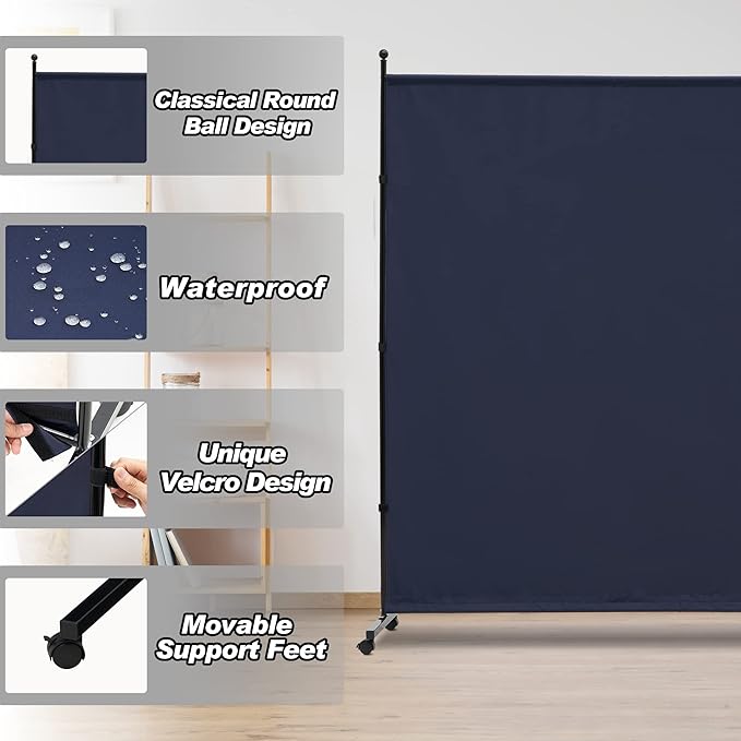 6FT Single Panel Room Divider with Wheels,Rolling Fabric Room Dividers for Partition Privacy Screens,Freestanding Wall Divider for Home Office,Restaurant,Hospital(Blue)