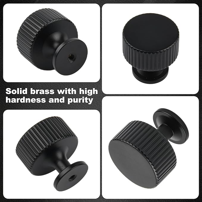 Matt Black Kitchen Cabinet Knob, 6 Pack Solid Brass Dresser Drawer Pulls, 1-1/10 Black Cabinet Knob for Cabinet Cupboard Wardrobe, Furniture Hardware Handles