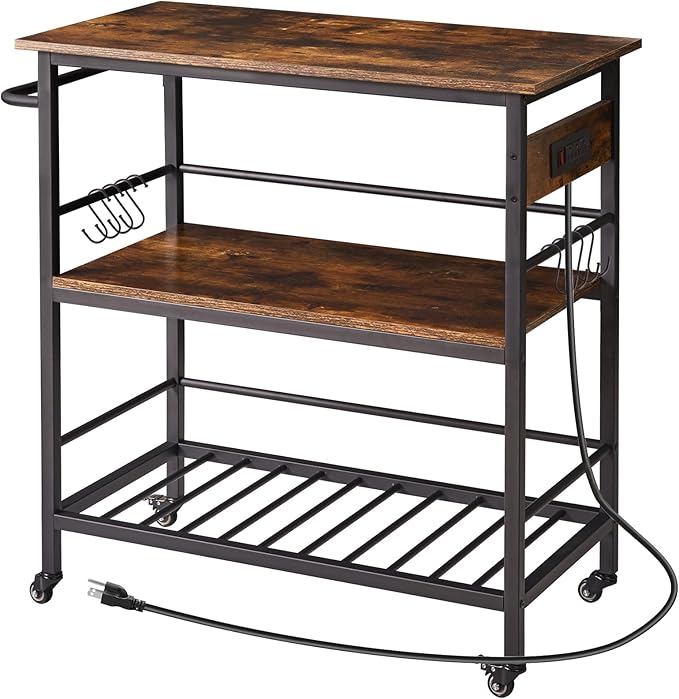 IBUYKE Kitchen Island with 3 Shelves, Island Table for Kitchen with Power Outlet,Kitchen Cart with Large Worktop,Rolling Bar Cart for Home, Outdoor, Kitchen TMJ024H
