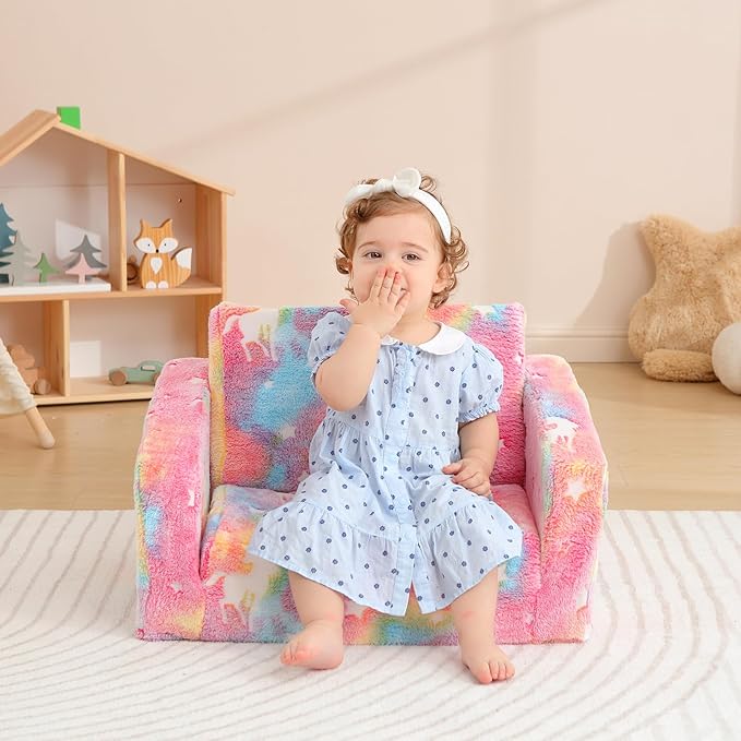 Toddler Couch Fold Out, Foldable Toddler Chair with Blanket, Kids Couch for Girls & Boys, Flip Out Kids Sofa, Convertible Sofa to Lounger for Children Age 1-3 (Glow Pink)