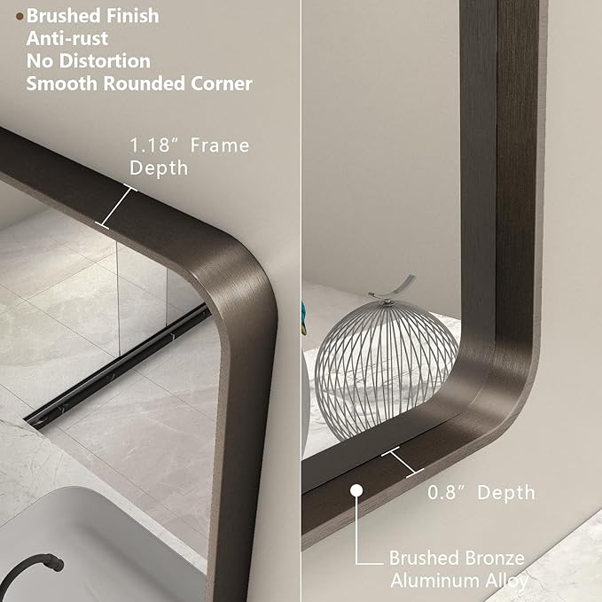 55x40 Inch Bronze Bathroom Mirror, Brushed Bronze Metal Frame Mirrors for Wall, Rounded Rectangle Bronze Mirror for Vanity,Farmhouse, Bedroom, Anti-Rust (Horizontal/Vertical)