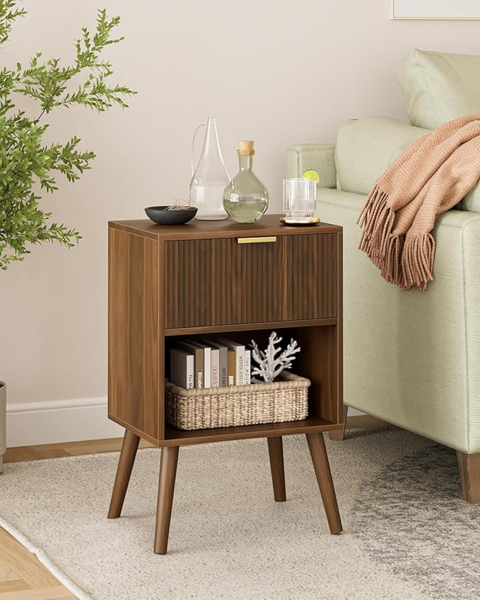 Nightstand, Small Side Table, Bedside Table with Drawer, Modern Night Stand, End Table for Bedroom, Living Room (Walnut Stripe)