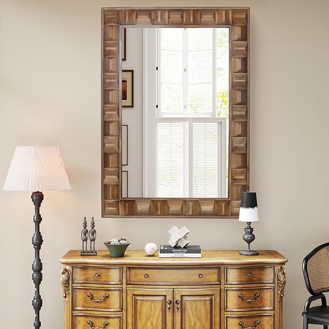 22x30 Inch Farmhouse Rectangular Wall Mirror, Rustic Wooden Frame Decorative Mirror for Bathroom Vanity, Bedroom, Living Room & Entryway – Vertical or Horizontal Hanging