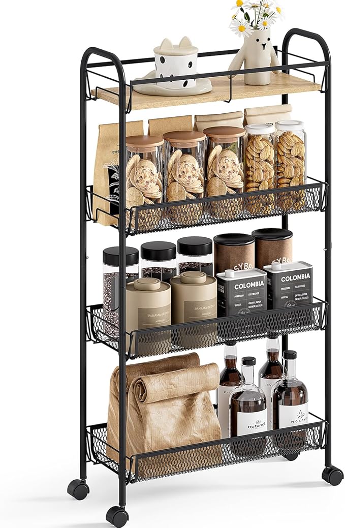 KINGRACK Metal Slim Rolling Cart,4-Tier Metal Utility Cart,Storage Cart with Wooden Tabletop, for Narrow Space on Laundry Bathroom Kitchen Room Bedroom Apartments Dormitory (Pure Black, Slim)