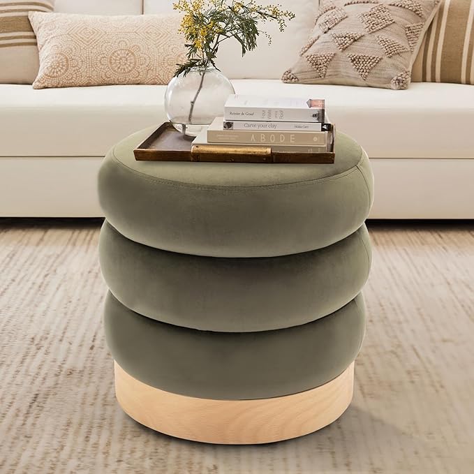 COLAMY Velvet Ottoman Footstool, Tufted Modern Foot Rest Stool with Wood Base for Living Room, Bedroom, Desk, Round Versatile Side End Table, Pouf, Makeup Seat,2pcs,Green