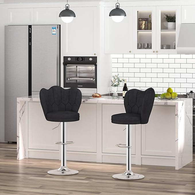 VECELO Bar Stools Set of 4, Adjustable Barstools with Back, Velvet Armless Counter Height Stool Kitchen Island Stool Swivel Bar Chairs for Pub Dining Room Living Room, Black