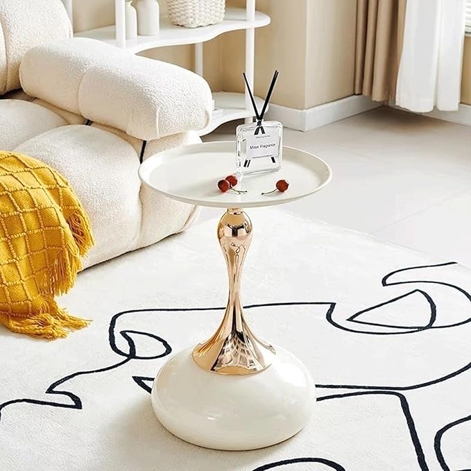 Modern Round Side Table with Gold Pedestal Base, Black Metal Top, Accent End Table for Living Room (Cream White+Cream White)