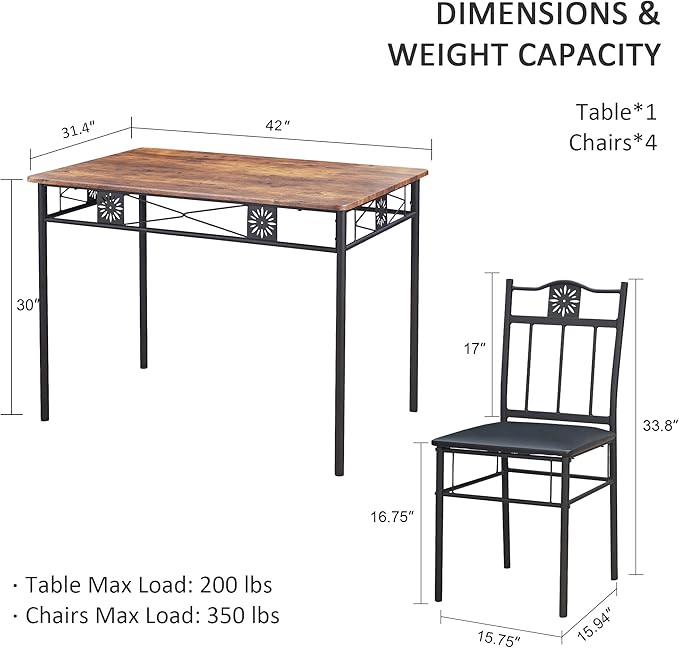 VECELO Kitchen Dining Room Table Sets for 4, 5 Piece Wood Rectangular Breakfast Nook, Dinette with PU Padded Chairs, Brown