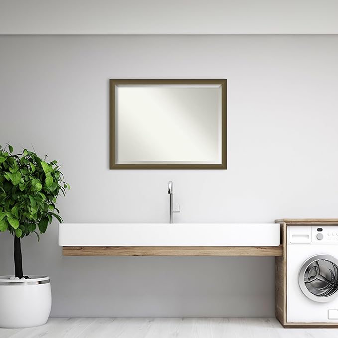 Amanti Art Bronze Bathroom Mirror for Over Sink, 34x44 Blaine Light Bronze Narrow Rectangle Vanity Mirror, X-Large Modern Contemporary Frame, Hangs Horizonally and Vertically, Bathroom Wall Decor