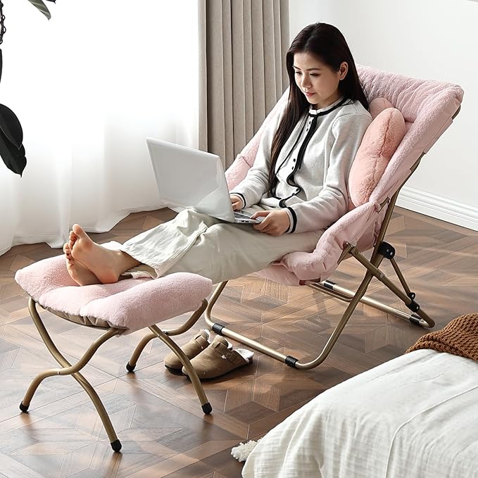 Welnow Comfy Saucer Chair with Ottoman, Oversized Folding Reading Chair for Adults with Throw Pillow Soft Faux Fur Lounge Chair for Bedroom Furry Accent Chair for Living Room, Dorm Rooms, Pink