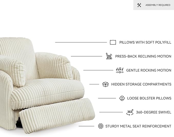 Signature Design by Ashley Tie-Breaker Contemporary Manual Press-Back Swivel Glider Rocker Recliner with 2 Bolster Pillows and Hidden Storage, White