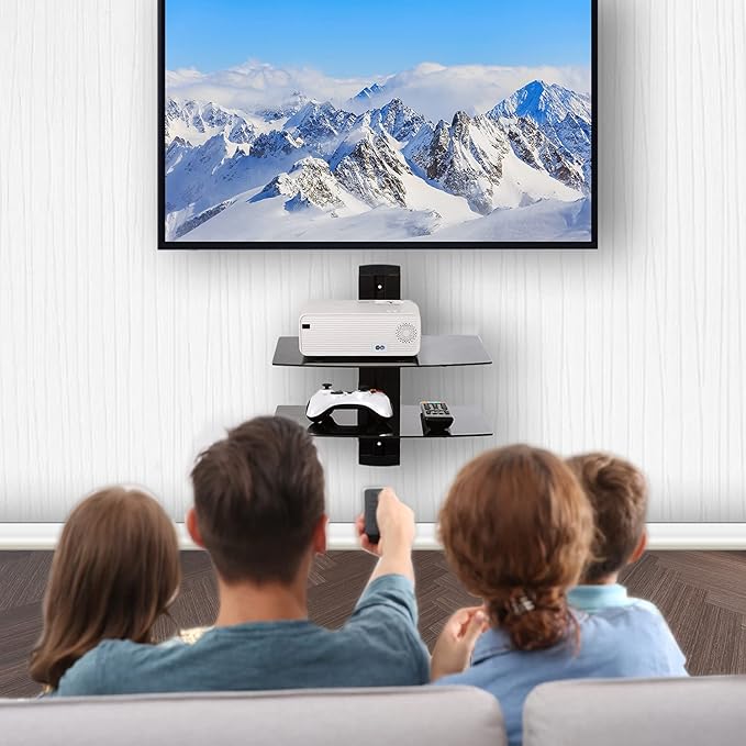 WALI Floating Entertainment Center Shelves, Holds Up to 17.6lbs, TV Shelf with Strengthened Tempered Glasses for DVD Players, Cable Boxes, Games Consoles, TV Accessories (CS202B), 2 Shelf, Black