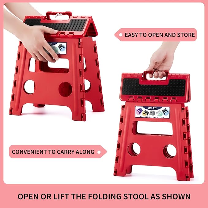 Delxo Folding Step Stool,Non-Slip Stool 13 inch Height Premium Heavy Duty Foldable Stool,Kitchen Garden Bathroom Steppingstool 1 Pack in Red,Dotted Texture