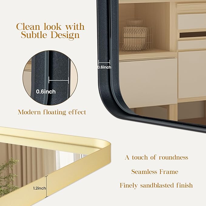 40×32 Gold Bathroom Mirror, Rectangular Bathroom Vanity Mirror for Wall with Rounded Corners & Aluminum Alloy Frame, Tempered-Glass, Modern, Farmhouse, Horizontal/Vertical, Entryway, Bedroom