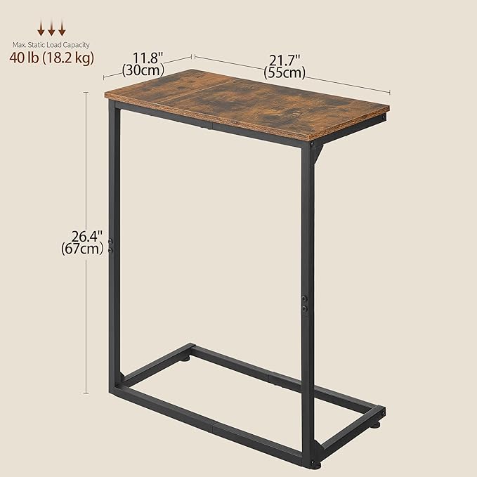 C Shape End Table, Large Surface Couch Table, C Table Sofa Side End Table, Side Table for Couch Slide Under, for Living Room, Bedroom, Home Office, Rustic Design, 21.7" D x 11.8"W x 26.4"H