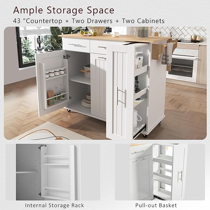 46" Kitchen Island with Drop Leaf,Kitchen Storage Cart W/ 3 Tier Pull Out Cabinet Organizer & Internal Storage Rack,Rolling Kitchen Cart on Wheels W/Towel Rack & 2 Drawers,for Kitchen,White