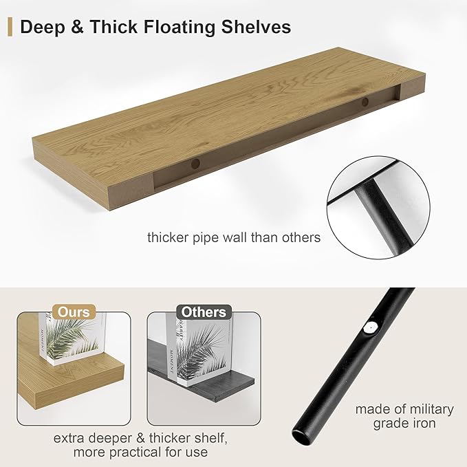 Heimlove Bathroom 12'' Deep Floating Shelves for Wall - Shelf Over Toilet Wall Mounted Farmhouse 24 inches,Rustic Wood Wall Shelves Decor & Storage Set of 1 Oak