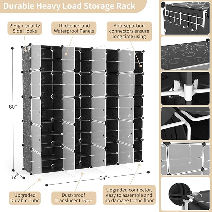 Portable Shoe Rack Organizer with Door, 80 Pairs Shoe Storage Cabinet Easy Assembly, Plastic Adjustable Shoe Storage Organizer Stackable Detachable Free Standing DIY Expandable 10 Tier Black