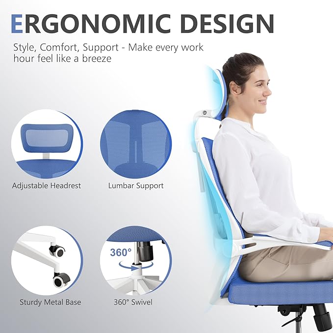 Office Chair,Ergonomic Comfy Home Desk Chair with 350LBS Capacity,High Back Gaming Chair with Wheels,Mesh Computer Chair,Lumbar Support, Adjustable Headrest,Flip-up Armrest