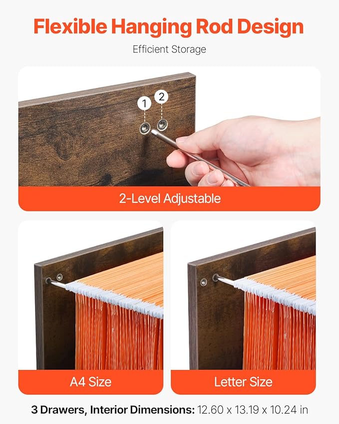 VEVOR 3 Drawer File Cabinet with Lock, Vertical Filing Storage Cabinets for Home Office, Heavy-Duty Locking Cabinet with 2-Level Adjustable Hanging Rod for A4/Letter/Legal Size File, Easy Assembly