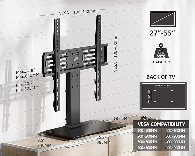 FITUEYES Universal TV Mount Stand Table Top TV Stand for 27-55 inch TVS Height Adjustable TV Stand Mount, Glass Base, Black