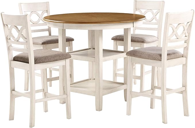 New Classic Furniture Cori 5-Piece Round Counter Dining Set with 1 Dining Table and 4 Chairs, 42-Inch, Beige and Brown