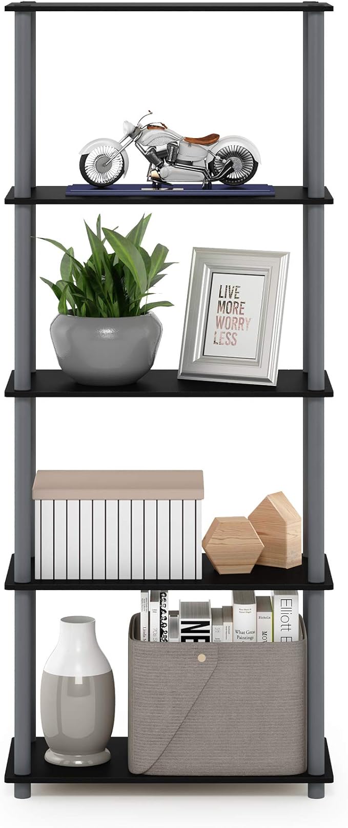 Furinno Turn-N-Tube 5-Tier Multipurpose Shelf / Display Rack / Storage Shelf / Bookshelf, Round Tubes, Black/Grey