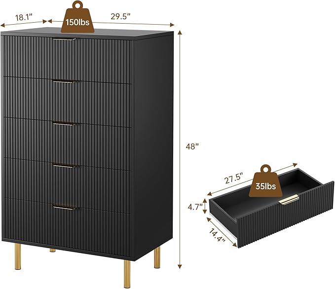 GarveeHome Black Dresser, Modern 5 Drawer Dresser for Bedroom with Gold Handle and Large Drawer, Wood Double Chest of Drawers and Storage Organizer for Living Room, Hallway, Entryway