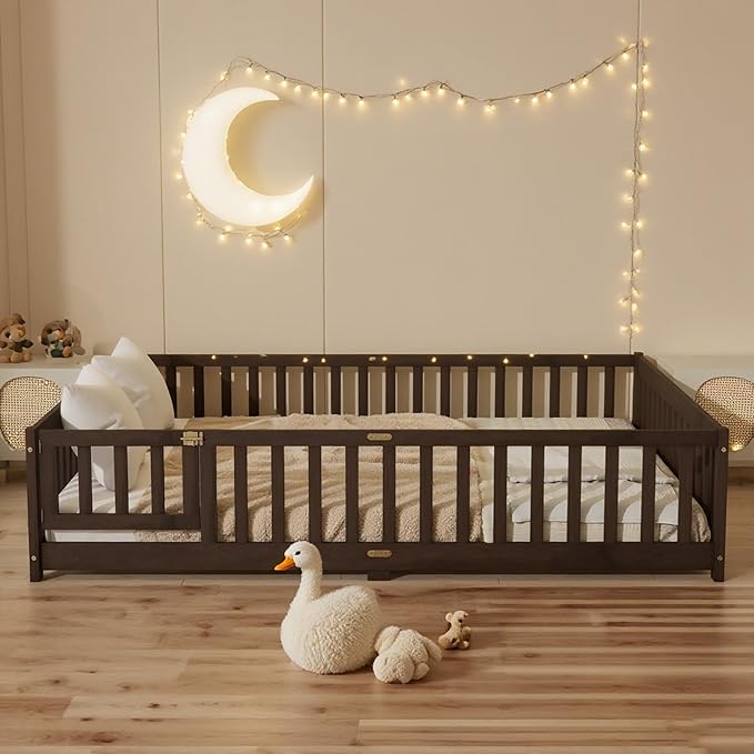Queen Size Floor Bed Frame with Slats and Safety Guardrail, Wood Queen Size Montessori Floor Bed with Door and Fence, Easy Assemble Montessori Beds for Kids, Girls, Boys, Espresso