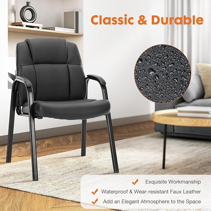 Sweetcrispy Waiting Room Office Guest Chairs Set of 2, PU Leather Big and Tall No Wheels Executive Office Chair with Padded Arms for Reception Conference Room Lobby