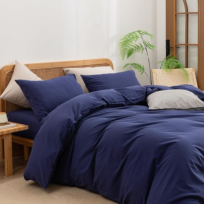 BESTOUCH Duvet Cover Set 100% Washed Cotton Linen Feel Super Soft Comfortable Chic Lightweight 3 PCs Home Bedding Set Solid Navy Blue Cal King