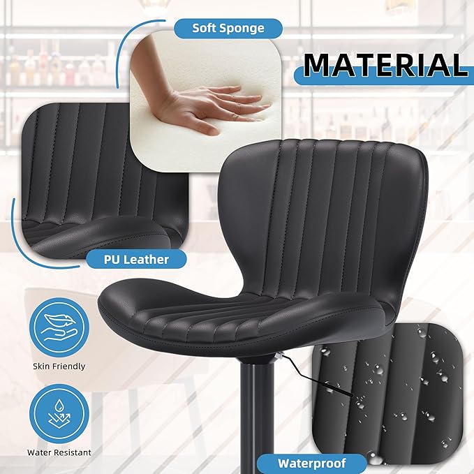 Shintenchi Bar Stools Set of 2 Modern Swivel Bar Chairs, Counter Height Faux Leather Metal Barstools, Upholstered Island Chairs with Back and Footrest, Black