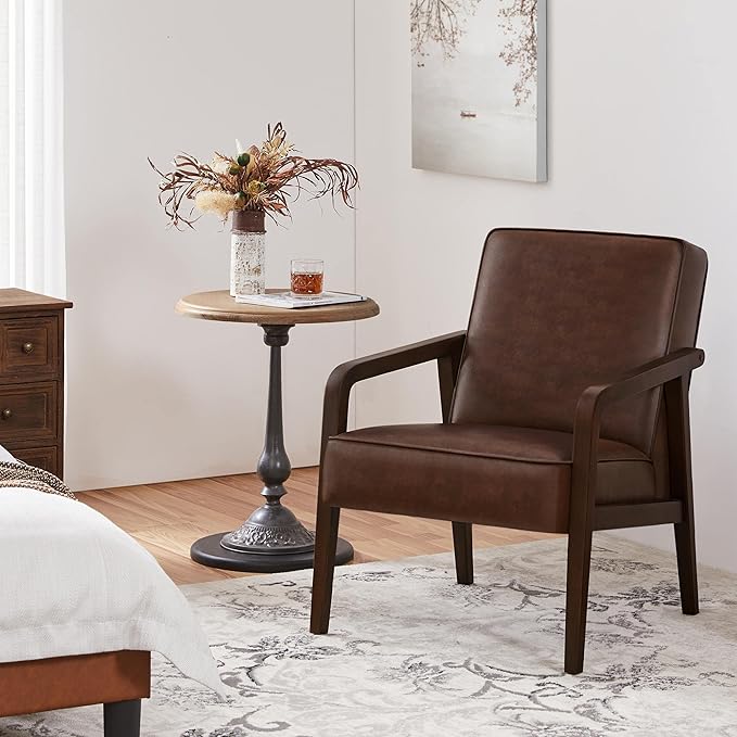 Yaheetech PU Leather Accent Chair, Mid-Century Modern Barrel Chair with Wooden Frame and Soft Thick Padded for Living Room Bedroom Home Office, 2 PCS, Dark Brown