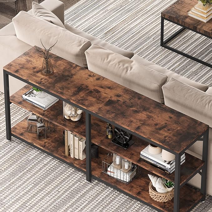 Tribesigns 70.9 Inch Extra Long Console Table, Modern Sofa Table Behind Couch Table with Storage Shelves, 3-Tier Industrial Hallway Entryway Table for Living Room, 3 Shelf Bookshelf(Brown)